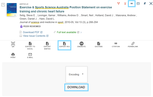 Screenshot of a search result for “Exercise & Sports Science Australia Position Statement on exercise training and chronic heart failure”. The “Citation” and “Export RIS” buttons are circled to show how to export a citation to EndNote desktop from QuickSearch.