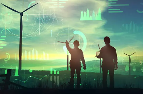 Composited graphic of two people pointing and looking at wind turbines with info graphics layered up over the top.