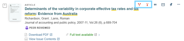 Screenshot of a search result for “Determinants of the variability in corporate effective tax rates and tax reform: Evidence from Australia”. The “Tracing research connections” buttons are circled to show how to find sources that cite this article or are cited in this article.