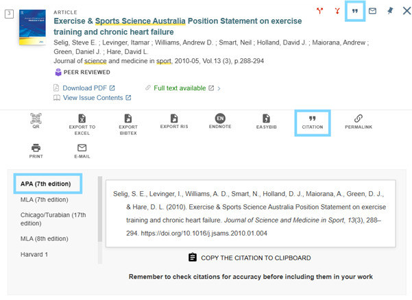 Screenshot of a search result for “Exercise & Sports Science Australia Position Statement on exercise training and chronic heart failure”. The “Citation” and “APA (7th edition)” buttons are circled to show how to generate a citation in QuickSearch.