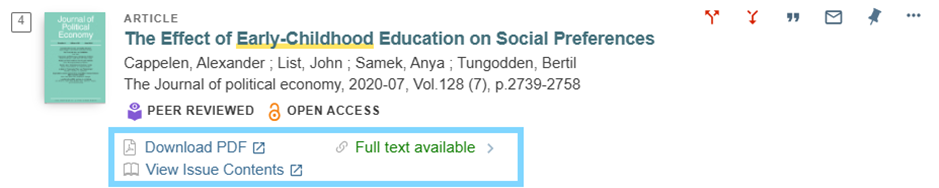 Screenshot of a search result for “The Effect of Early-Childhood Education on Social Preferences”. The “Download PDF” and “Full Text Available” and “View Issue Contents” buttons are circled to show where to access the article.