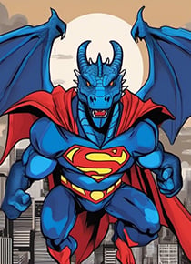 AI-generated image of a blue dragon wearing a Superman costume, flying above a city skyline at night with a glowing full moon in the background.