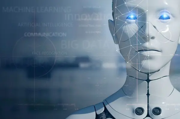 Composited graphic of a robotic head with interconnected nodes layered on top of it.
