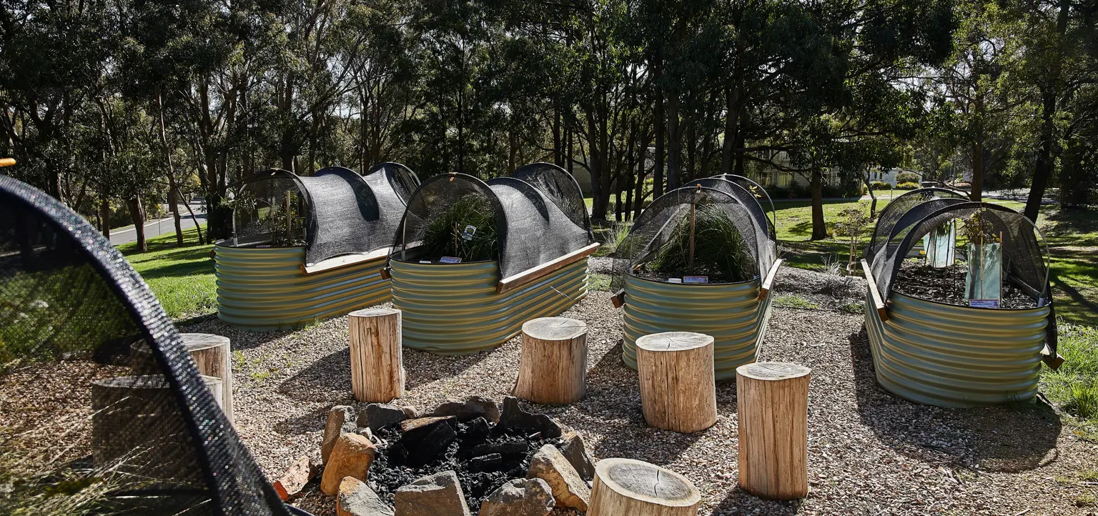Photo of Wayn-Gurr Derrk Community Gardens showing a central campfire circled by log seating. On either side of the campfire are rows of raised planter beds with shades pinned in an arch over the top and native plants growing within them.