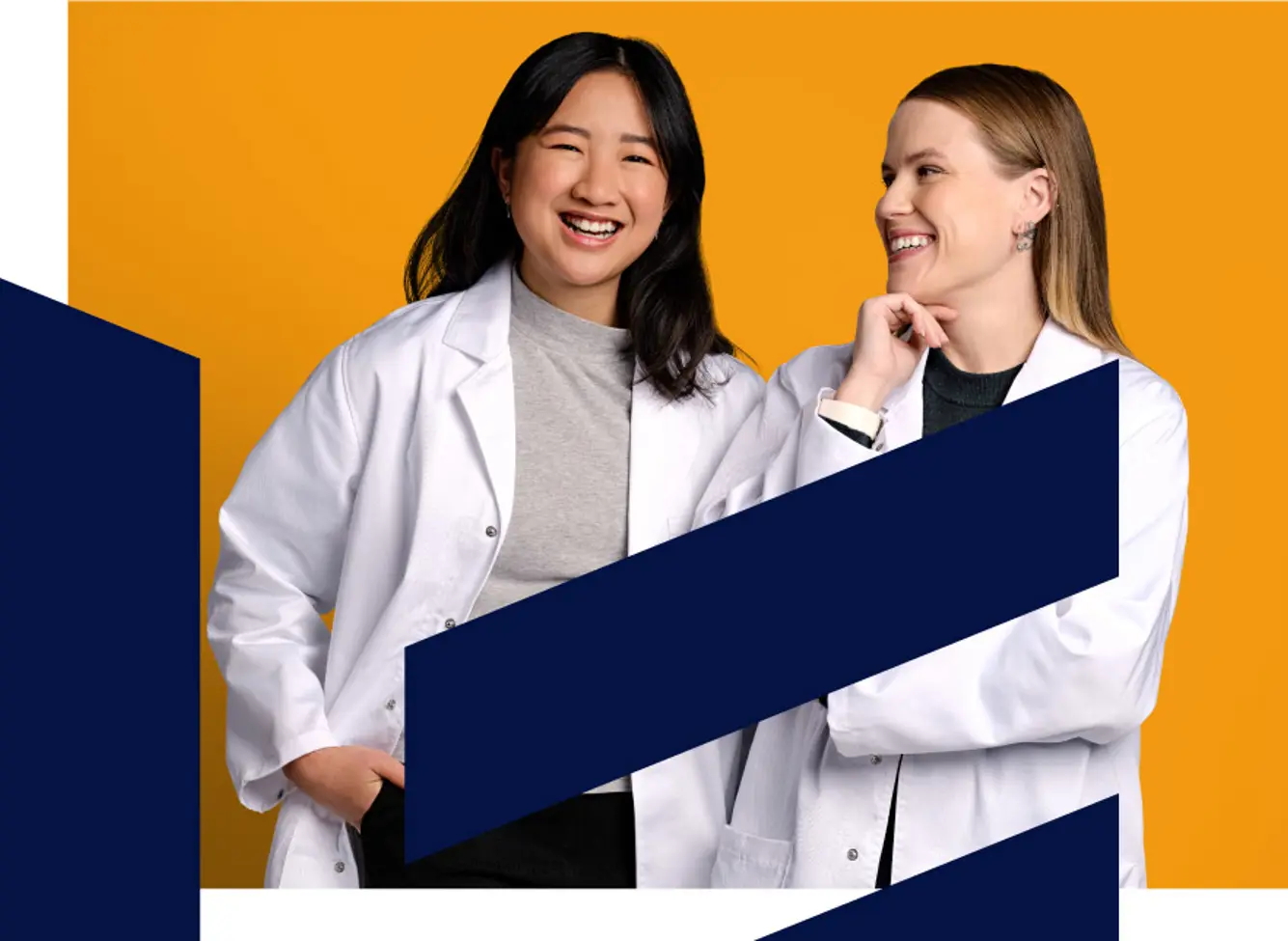 Composited graphic of two people with coloured shapes layered over them.