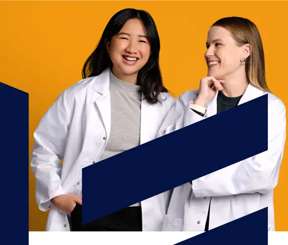 Composited graphic of two people with coloured shapes layered over them.